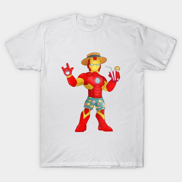 Iron Man's Beach Day: Superhero on Vacation T-Shirt by ShutterStudios